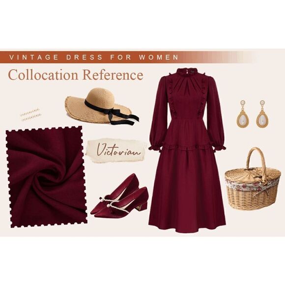 NWT Modest Elegant Long Sleeve Retro Vintage Victorian Ruffle Red Midi Dress L - Picture 9 of 16